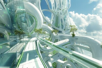 Poster - A vibrant cityscape composed entirely of lush green plants and trees, showcasing nature's beauty in an urban setting. Futuristic skyscraper with a biotech theme.