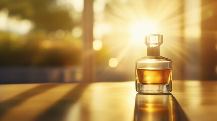 Poster - elegant glass perfume bottle illuminated by sunlight in a serene setting during golden hour