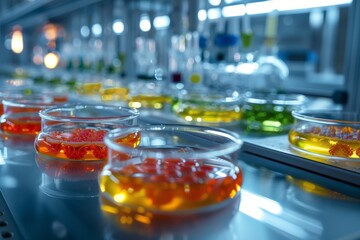 Poster - genetically modified organisms in a lab .a laboratory filled with various test tubes and beakers arr
