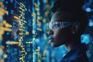 Poster - a woman in a lab coat examines data on a computer screen in a laboratory setting. geneticist studyin