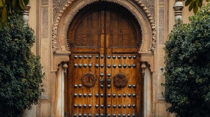 Massive wooden door with ornate metal studs and a towering archway, a centerpiece of an ancient palace's grandeur