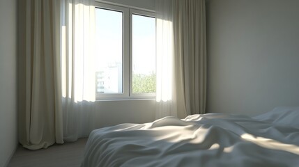 Poster - Bright sunlight streams into a tranquil bedroom, creating a peaceful ambiance. The soft fabric of the curtains gently sways, enhancing the calm mood of the space adorned with fresh greenery outside