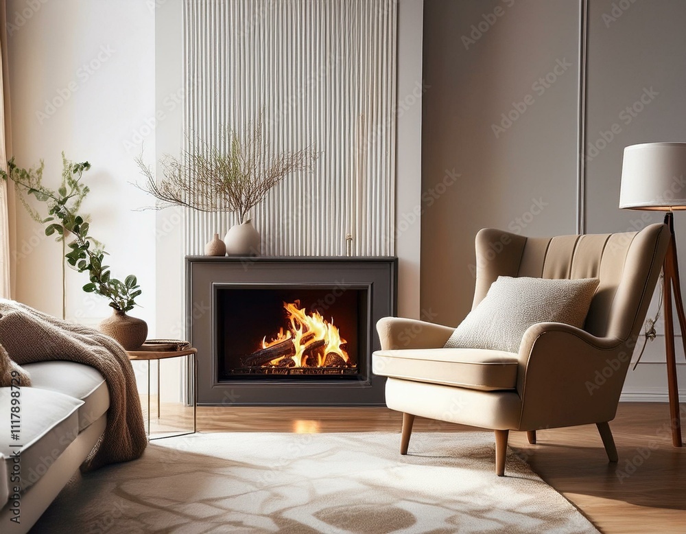 Elegant living room with a stunning fireplace chic armchair and modern ...