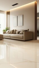 Wall Mural - Contemporary minimalist living room featuring a modern beige epoxy resin floor design