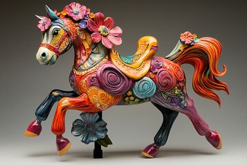 Poster - A vibrant, decorative horse sculpture adorned with flowers and swirling patterns.