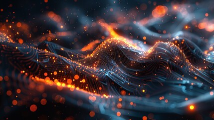 Leinwandbilder - Abstract wave with moving dots and lines. Flow of particles, Technology Background.