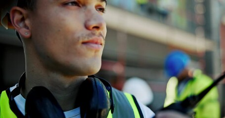 Aufkleber - Construction worker, man and talking with radio on site for building maintenance or safety management. Contractor, hands and speaking on device for inspection feedback, quality assurance and planning