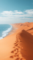 Wall Mural - Majestic sand dunes of Namib Desert meet ocean, creating stunning landscape. warm orange hues contrast beautifully with blue sky and water, evoking sense of tranquility