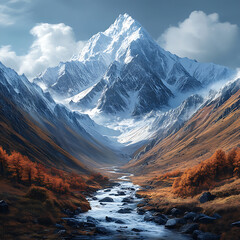 Wall Mural - Majestic snow capped mountains rise above serene valley, with winding river flowing through vibrant autumn foliage. scene evokes tranquility and awe in nature beauty