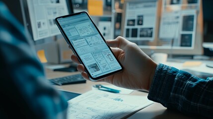 Person reviewing digital design mockups on smartphone