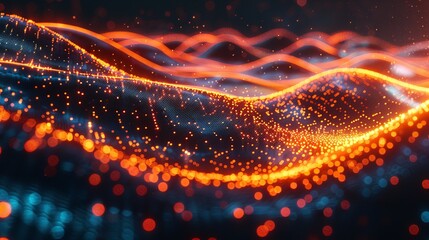 Leinwandbilder - Abstract wave with moving dots and lines. Flow of particles, Technology Background.