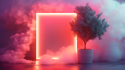 Poster - A captivating scene featuring a glowing neon rectangle, a potted tree, and vibrant pink smoke clouds, blending natural and artificial elements in harmony.