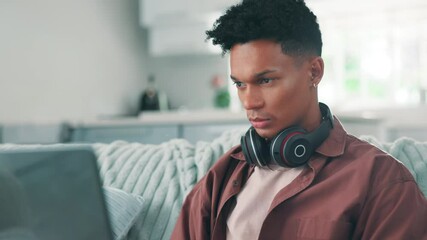 Poster - Serious, creative and man with laptop, headphones and software for video editing and social media. Remote work, online and freelancer with skills for content creation, post production and home