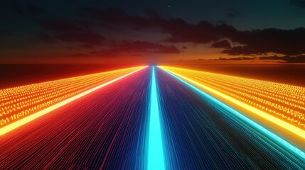 Poster - A glowing digital road of orange, blue, and yellow light lines stretching into the distance, symbolizing progress and futuristic innovation.