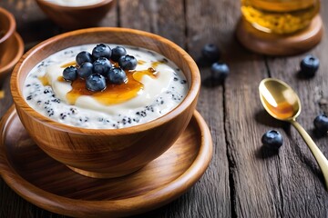 Wall Mural - Close-up of Greek yogurt with honey drizzle, blueberries, and chia seeds on the wooden table with copy space.