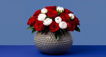 Wall Mural - A round textured vase holding a bold mix of red roses and white peonies displayed against a plain royal blue background