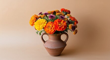 Wall Mural - A rustic clay vase with a mix of bright marigolds and asters placed against a plain tancolored background