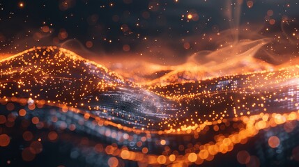Leinwandbilder - Abstract wave with moving dots and lines. Flow of particles, Technology Background.