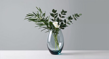 Wall Mural - A sleek glass vase with a simple arrangement of green foliage and a few white flowers placed against a plain light gray background