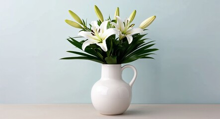 Wall Mural - A smooth white ceramic vase with a minimalist arrangement of white lilies and greenery set against a plain pale blue background