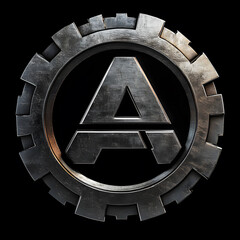 Metallic emblem displayed in a black background with industrial aesthetic highlighting geometry and strength