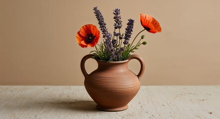 Wall Mural - A vintagestyle clay vase with a wildflower arrangement including poppies and lavender set against a plain earthtone background