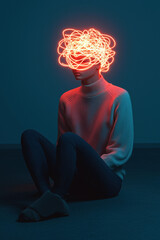 Wall Mural - Overthinking. A person sits with a glowing, abstract design for a head, symbolizing creativity, chaos, or mental processes in a dimly lit environment.