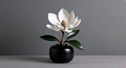 Wall Mural - A stunning magnolia bloom figurine on a plain soft gray background