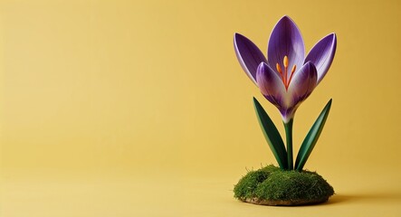 Wall Mural - A stunning crocus flower figurine on a plain sunny yellow background