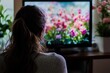 © vasyan_23 - Young caucasian woman watching floral display on screen indoors