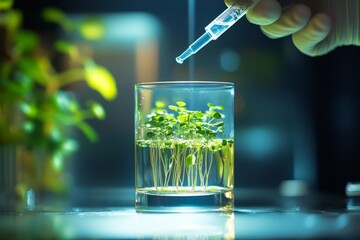Aufkleber - A scientific setup showing a petri dish with growing seedlings, demonstrating the process of plant cultivation and research in a controlled laboratory setting.