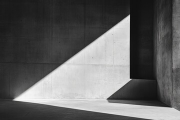 Poster - A striking black and white image showing a sharp angled beam of light creating a geometric shadow across a large, smooth concrete wall surface.