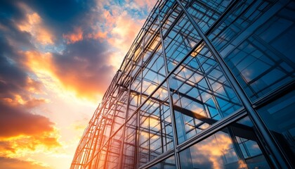 Poster - Steel frame office building at sunset highlights strength and sustainable construction practices