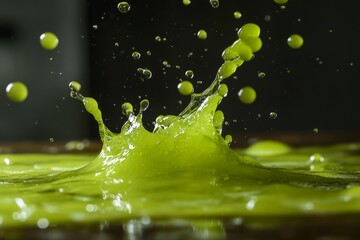 Aufkleber - A vivid lime green paint splash, captured precisely at the moment of impact, conveying a sense of energy and motion frozen against a contrasting dark background.