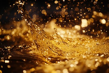 Poster - A radiant gold liquid swirls dynamically, creating an enchanting abstract beauty with shimmering light and energy, embodying luxury and opulence in motion.