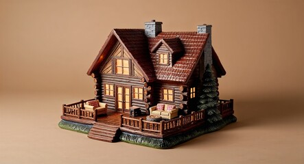 A traditional mountain lodge house figurine with a wooden deck and cozy furniture on a plain forest brown background