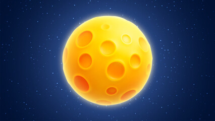 cartoon yellow full moon with craters 3d vector icon isolated on white background. cheese planet, mo