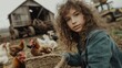 © Friedbert - Young Caucasian Girl Gathering Farm Fresh Eggs Among Chickens on Rural Farm