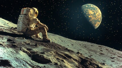 Poster - astronaut gazes at earth from the lunar surface during a space exploration mission