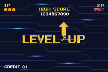 Poster - level up. pixel art. 8 bit game. retro futurism sci-fi background. glowing neon grid and stars from 