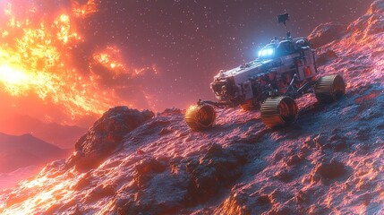 Poster - robot exploring the rugged landscape of a distant exoplanet under a vibrant starry sky