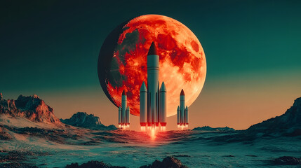 Wall Mural - a surreal alien landscape featuring three rockets poised for launch under a gigantic red moon, blend