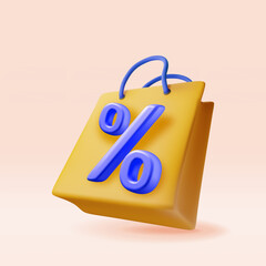 Poster - 3D shopping bag with percent sign isolated. Render realistic gift bag. Sale, discount or clearance concept. Online or retail shopping symbol, black friday. Fashion handbag. Vector illustration
