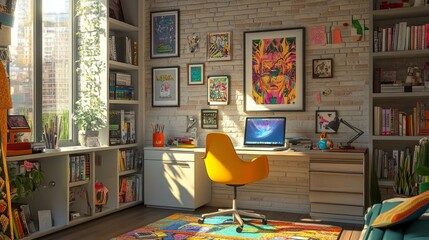 Poster - Creative home office with a laptop, colorful books, and an ergonomic chair, surrounded by fun decor and personal touches