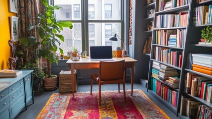 Poster - Eclectic home office with a laptop on the desk, vibrant books stacked neatly, and a bright rug adding character to the room