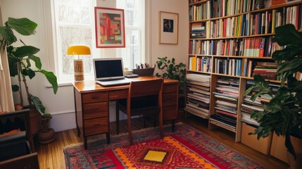 Poster - Eclectic home office with a laptop on the desk, vibrant books stacked neatly, and a bright rug adding character to the room
