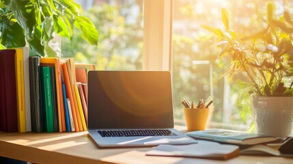 Poster - Home office with a sleek laptop, colorful books arranged neatly, and a sunny window illuminating the space