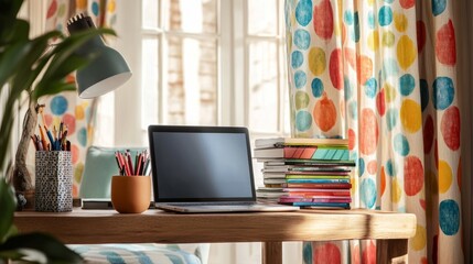 Poster - Lively home office interior with a laptop on a wooden desk, a stack of colorful books, and playful patterned curtains