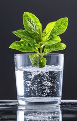 Leinwandbilder - A vibrant green plant is growing in a glass of water, showcasing the beauty of nature and freshness against a dark background.