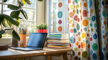 Poster - Lively home office interior with a laptop on a wooden desk, a stack of colorful books, and playful patterned curtains